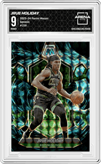 Jrue Holiday from the 2023-24 Panini Mosaic set featuring a Genesis parallel graded by Arena Club and given an overall grade of 9.