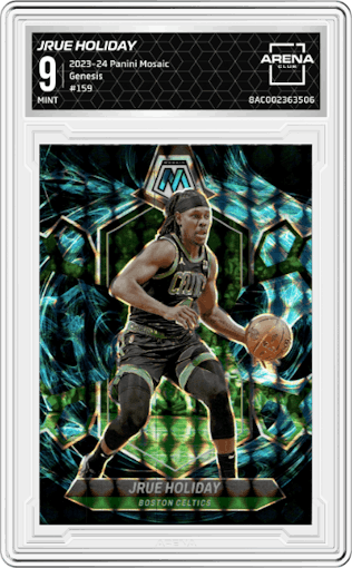 Jrue Holiday from the 2023-24 Panini Mosaic set featuring a Genesis parallel graded by Arena Club and given an overall grade of 9.