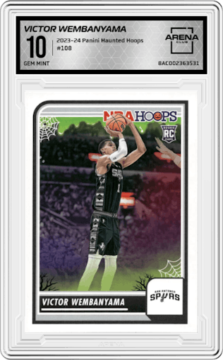Victor Wembanyama from the 2023-24 Panini Haunted Hoops set graded by Arena Club and given an overall grade of 10.