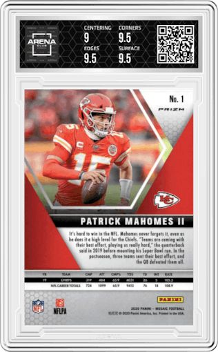 Patrick Mahomes II from the 2020 Panini Mosaic set featuring a Pink Camo parallel graded by Arena Club and given an overall grade of 9.5.