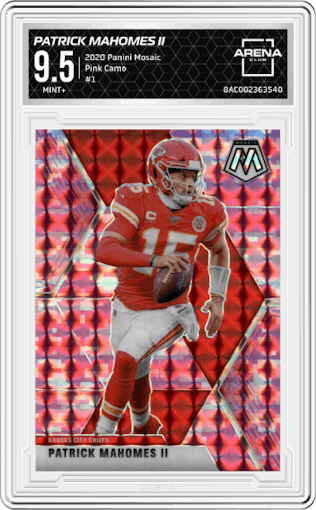Patrick Mahomes II from the 2020 Panini Mosaic set featuring a Pink Camo parallel graded by Arena Club and given an overall grade of 9.5.