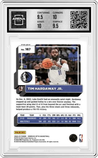 Tim Hardaway Jr. from the 2022-23 Panini Donruss Optic  set featuring a Gold Wave parallel graded by Arena Club and given an overall grade of 10.