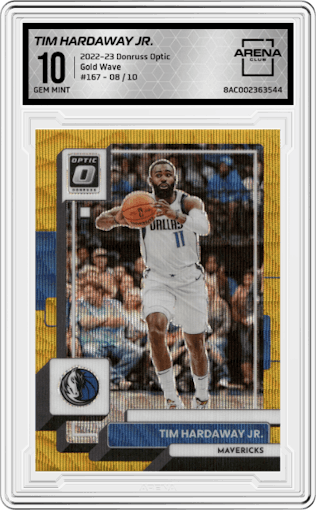 Tim Hardaway Jr. from the 2022-23 Panini Donruss Optic  set featuring a Gold Wave parallel graded by Arena Club and given an overall grade of 10.