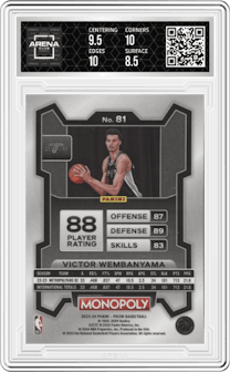 Victor Wembanyama from the 2023-24 Panini Prizm Monopoly set graded by Arena Club and given an overall grade of 9.