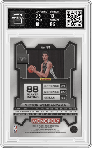 Victor Wembanyama from the 2023-24 Panini Prizm Monopoly set graded by Arena Club and given an overall grade of 9.