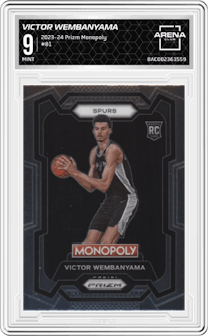 Victor Wembanyama from the 2023-24 Panini Prizm Monopoly set graded by Arena Club and given an overall grade of 9.