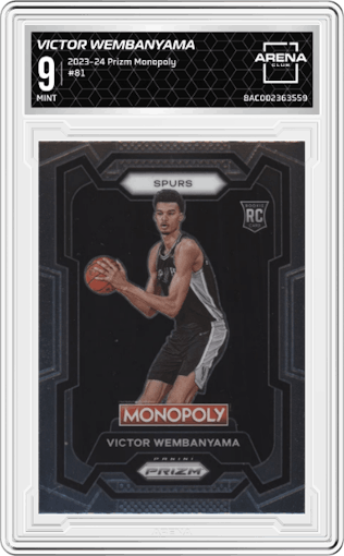 Victor Wembanyama from the 2023-24 Panini Prizm Monopoly set graded by Arena Club and given an overall grade of 9.