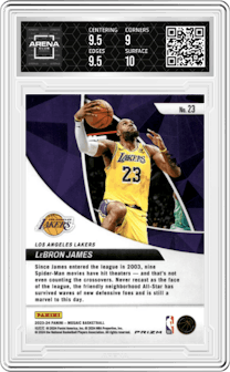 LeBron James from the 2023-24 Panini Mosaic set featuring a Green Mosaic parallel graded by Arena Club and given an overall grade of 9.5.