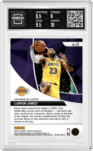 LeBron James from the 2023-24 Panini Mosaic set featuring a Green Mosaic parallel graded by Arena Club and given an overall grade of 9.5.