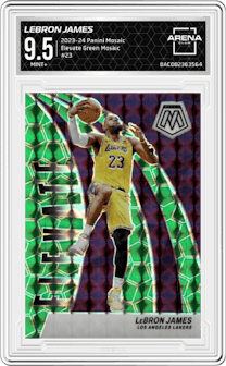 LeBron James from the 2023-24 Panini Mosaic set featuring a Green Mosaic parallel graded by Arena Club and given an overall grade of 9.5.