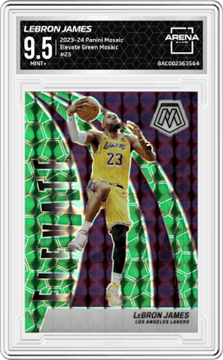 LeBron James from the 2023-24 Panini Mosaic set featuring a Green Mosaic parallel graded by Arena Club and given an overall grade of 9.5.