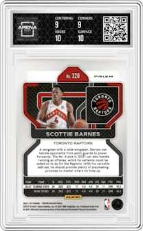 Scottie Barnes from the 2021-22 Panini Prizm  set featuring a Red/White/Blue Prizm parallel graded by Arena Club and given an overall grade of 9.5.