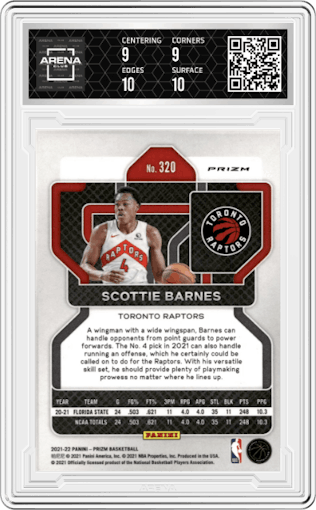 Scottie Barnes from the 2021-22 Panini Prizm  set featuring a Red/White/Blue Prizm parallel graded by Arena Club and given an overall grade of 9.5.