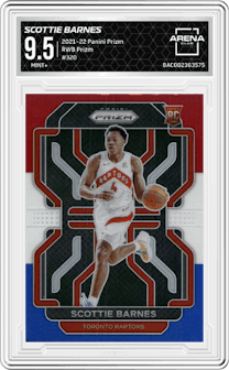 Scottie Barnes from the 2021-22 Panini Prizm  set featuring a Red/White/Blue Prizm parallel graded by Arena Club and given an overall grade of 9.5.
