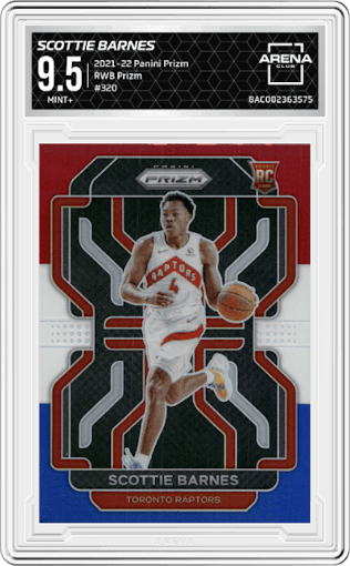 Scottie Barnes from the 2021-22 Panini Prizm  set featuring a Red/White/Blue Prizm parallel graded by Arena Club and given an overall grade of 9.5.