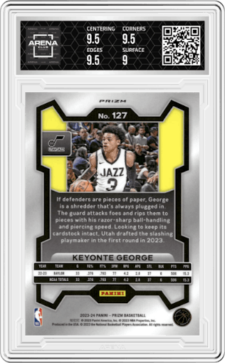 Keyonte George from the 2023-24 Panini Prizm set featuring a Pink Ice parallel graded by Arena Club and given an overall grade of 9.5.