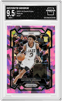 Keyonte George from the 2023-24 Panini Prizm set featuring a Pink Ice parallel graded by Arena Club and given an overall grade of 9.5.