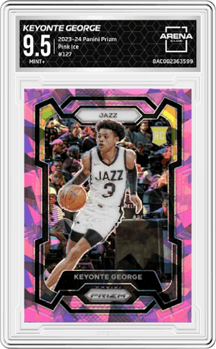 Keyonte George from the 2023-24 Panini Prizm set featuring a Pink Ice parallel graded by Arena Club and given an overall grade of 9.5.
