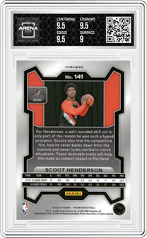 Scoot Henderson from the 2023-24 Panini Prizm set featuring a Pink Ice parallel graded by Arena Club and given an overall grade of 9.5.