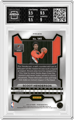 Scoot Henderson from the 2023-24 Panini Prizm set featuring a Pink Ice parallel graded by Arena Club and given an overall grade of 9.5.