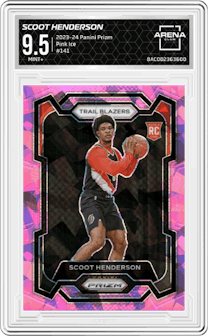 Scoot Henderson from the 2023-24 Panini Prizm set featuring a Pink Ice parallel graded by Arena Club and given an overall grade of 9.5.