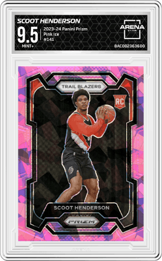 Scoot Henderson from the 2023-24 Panini Prizm set featuring a Pink Ice parallel graded by Arena Club and given an overall grade of 9.5.