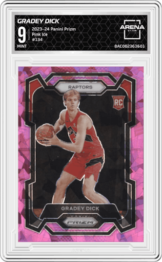 Gradey Dick from the 2023-24 Panini Prizm set featuring a Pink Ice parallel graded by Arena Club and given an overall grade of 9.