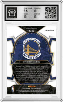 Stephen Curry from the 2022-23 Panini Select set featuring a Red Wave parallel graded by Arena Club and given an overall grade of 10.