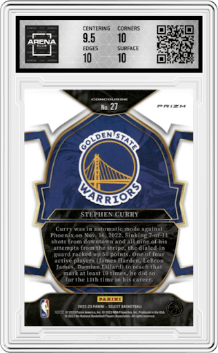Stephen Curry from the 2022-23 Panini Select set featuring a Red Wave parallel graded by Arena Club and given an overall grade of 10.