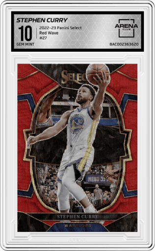 Stephen Curry from the 2022-23 Panini Select set featuring a Red Wave parallel graded by Arena Club and given an overall grade of 10.