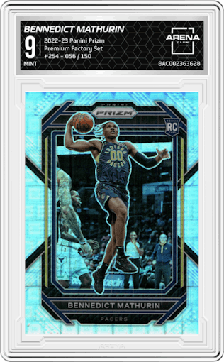 Bennedict Mathurin from the 2022-23 Panini Prizm  set featuring a Premium Factory Set parallel graded by Arena Club and given an overall grade of 9.