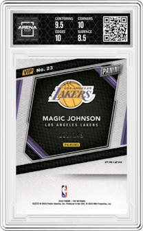 Magic Johnson  from the 2023 Panini The National VIP set featuring a Blue Sparkle parallel graded by Arena Club and given an overall grade of 9.