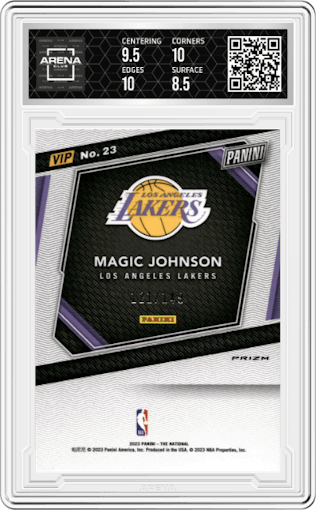 Magic Johnson  from the 2023 Panini The National VIP set featuring a Blue Sparkle parallel graded by Arena Club and given an overall grade of 9.