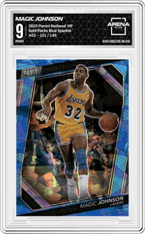 Magic Johnson  from the 2023 Panini The National VIP set featuring a Blue Sparkle parallel graded by Arena Club and given an overall grade of 9.