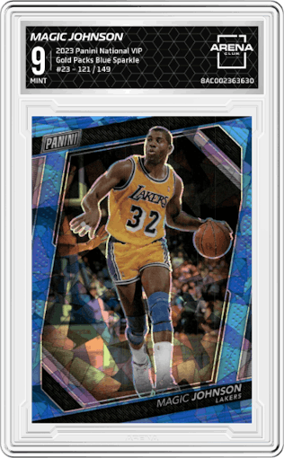 Magic Johnson  from the 2023 Panini The National VIP set featuring a Blue Sparkle parallel graded by Arena Club and given an overall grade of 9.