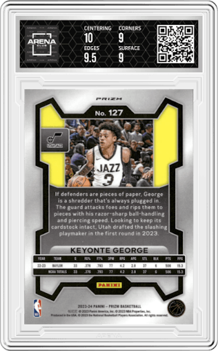 Keyonte George from the 2023-24 Panini Prizm set featuring a Pink Ice parallel graded by Arena Club and given an overall grade of 9.5.
