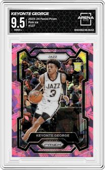 Keyonte George from the 2023-24 Panini Prizm set featuring a Pink Ice parallel graded by Arena Club and given an overall grade of 9.5.