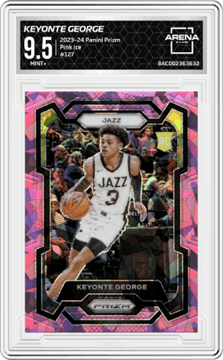Keyonte George from the 2023-24 Panini Prizm set featuring a Pink Ice parallel graded by Arena Club and given an overall grade of 9.5.