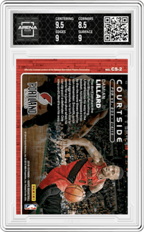 Damian Lillard from the 2018-19 Panini NBA Hoops  set featuring a Artist Proof parallel graded by Arena Club and given an overall grade of 9.