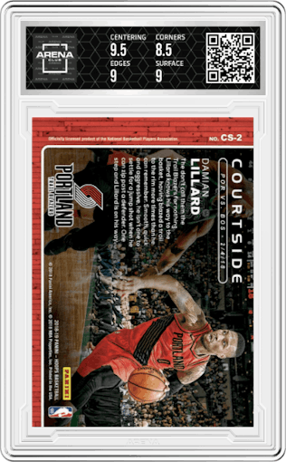 Damian Lillard from the 2018-19 Panini NBA Hoops  set featuring a Artist Proof parallel graded by Arena Club and given an overall grade of 9.