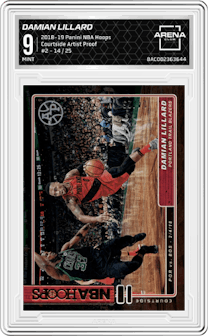 Damian Lillard from the 2018-19 Panini NBA Hoops  set featuring a Artist Proof parallel graded by Arena Club and given an overall grade of 9.