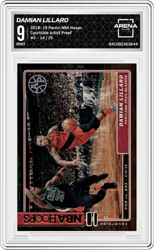Damian Lillard from the 2018-19 Panini NBA Hoops  set featuring a Artist Proof parallel graded by Arena Club and given an overall grade of 9.