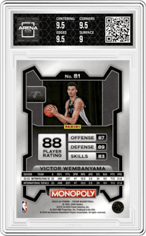 Victor Wembanyama from the 2023-24 Panini Prizm Monopoly set graded by Arena Club and given an overall grade of 9.5.