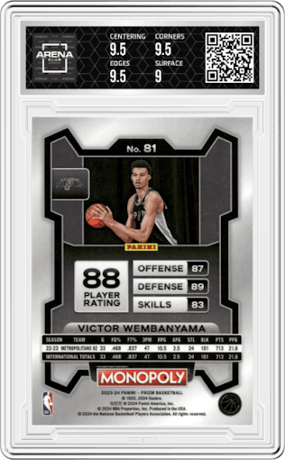 Victor Wembanyama from the 2023-24 Panini Prizm Monopoly set graded by Arena Club and given an overall grade of 9.5.