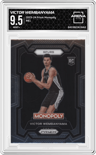 Victor Wembanyama from the 2023-24 Panini Prizm Monopoly set graded by Arena Club and given an overall grade of 9.5.
