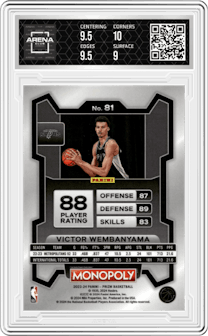 Victor Wembanyama from the 2023-24 Panini Prizm Monopoly set graded by Arena Club and given an overall grade of 9.5.
