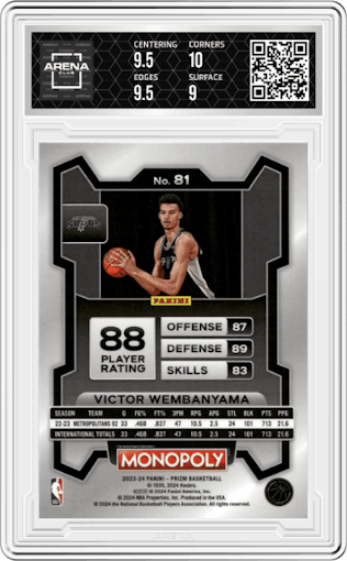 Victor Wembanyama from the 2023-24 Panini Prizm Monopoly set graded by Arena Club and given an overall grade of 9.5.