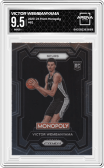 Victor Wembanyama from the 2023-24 Panini Prizm Monopoly set graded by Arena Club and given an overall grade of 9.5.