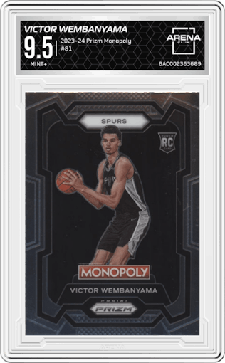 Victor Wembanyama from the 2023-24 Panini Prizm Monopoly set graded by Arena Club and given an overall grade of 9.5.