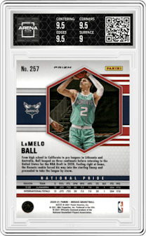 LaMelo Ball from the 2020-21 Panini Mosaic set featuring a Green Mosaic parallel graded by Arena Club and given an overall grade of 9.5.